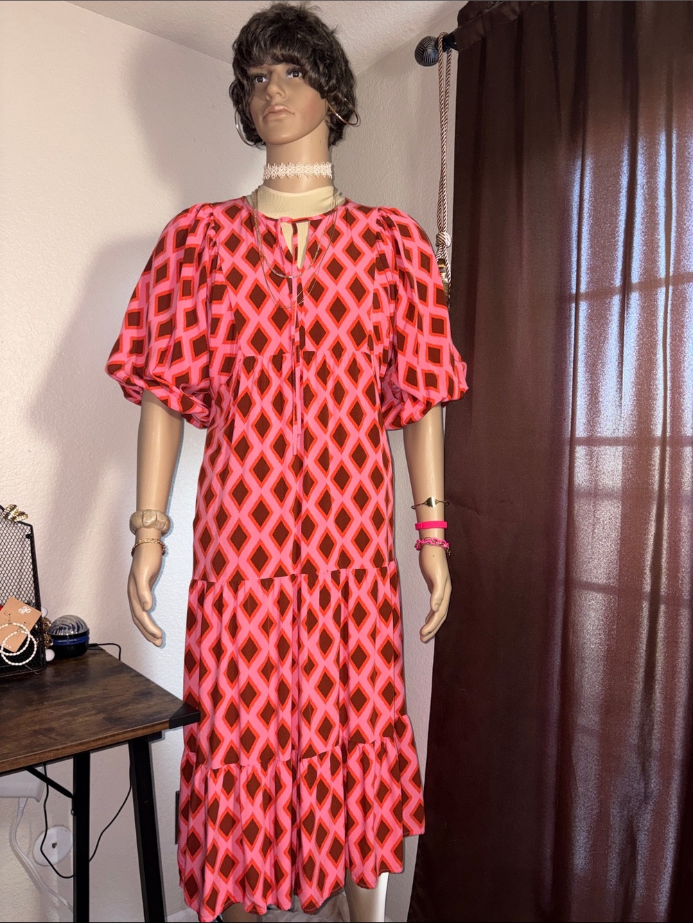 Women's Pink and Red Geometric Midi Dress Size L